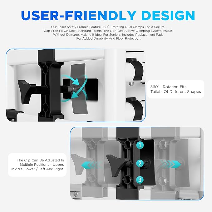 Toilet Safety Rails for Seniors - Adjustable Height & Width Safety Frame with Handrail, Fits Most Toilet Seats, Supports 220lbs, Non-Slip Bathroom Assist Bar for Elderly (Easy Installation)
