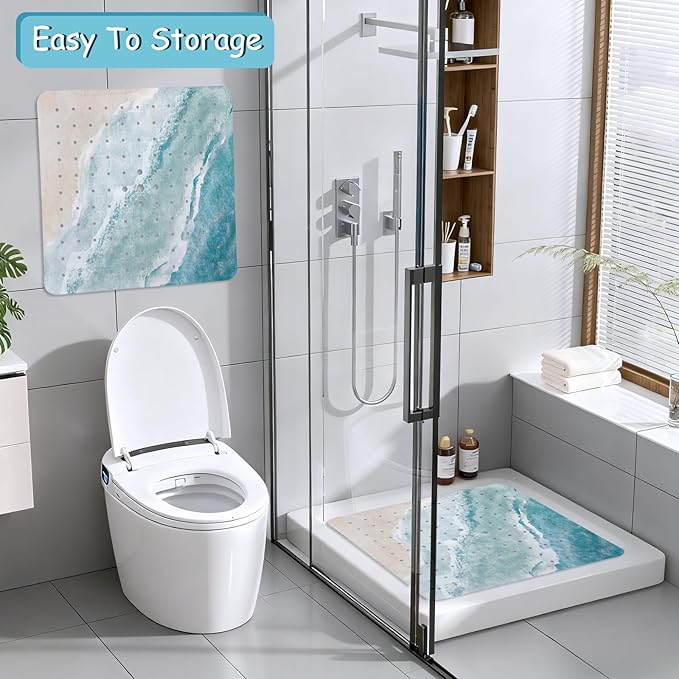 Beach Square Anti Slip Shower Mats for Inside Shower Accessories, Cute Bath Mats for Bathroom Non Slip Shower Floor Mat Sea Decor Rubber Bathmat with Suction and Drain Holes Machine Washable, 21″X21″