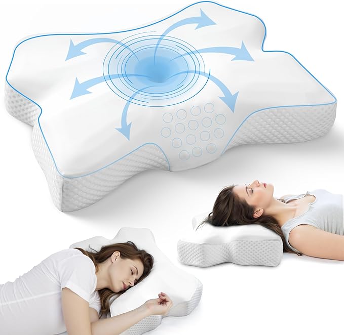 Cervical Neck Pillow for Pain Relief, Ergonomic Neck Support Pillow for Side Sleeper, Contour Memory Foam Pillows with Cooling Pillowcase Orthopedic Bed Pillow for Back Stomach Sleepers, White