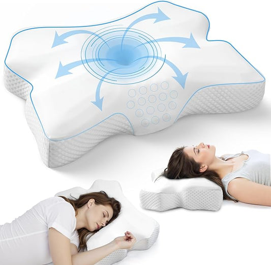 Cervical Neck Pillow for Pain Relief, Ergonomic Neck Support Pillow for Side Sleeper, Contour Memory Foam Pillows with Cooling Pillowcase Orthopedic Bed Pillow for Back Stomach Sleepers, White