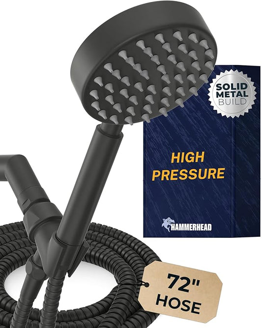 HammerHead Showers® Solid Metal Handheld Shower Head with Hose and Brass Holder - MATTE BLACK - 2.5 GPM High Pressure Shower Heads with Adjustable Shower Wand Bracket - 6ft Flexible Extension