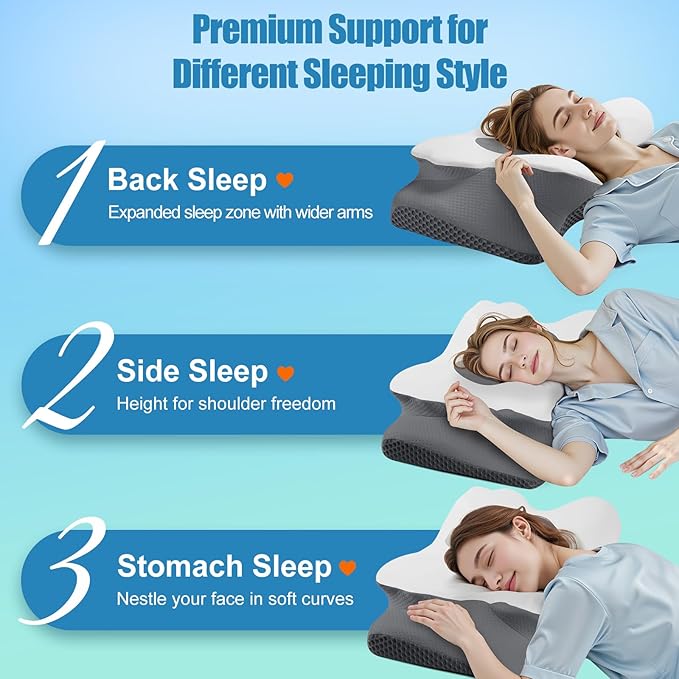 Cervical Neck Pillow for Sleeping, Memory Foam Pillow for Neck Support, Ergonomic Pillow for Pain Relief, Contour Bed Pillow for Side Back Stomach Sleepers, Grey, Standard Size