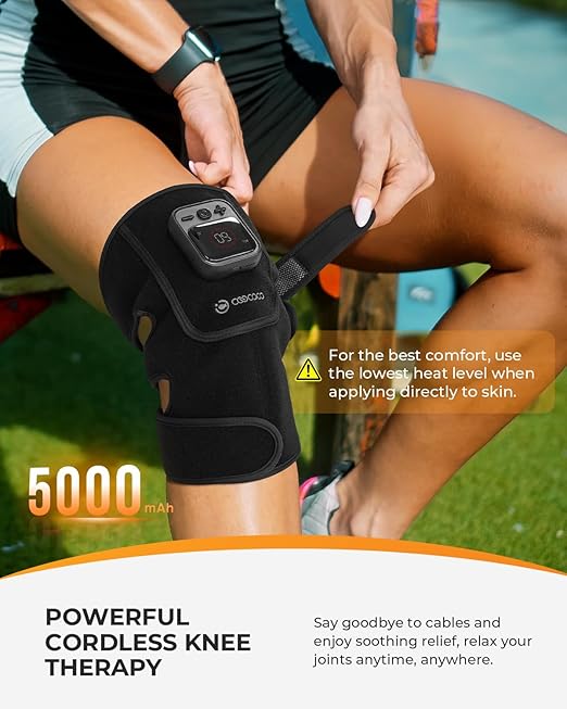 CooCoCo Knee Massager with Heat and Red Light Therapy, Cordless Knee Heating Pad, Heated Knee Brace for Pain Relief, Vibration Modes, 70pcs Bead, 660nm & 850nm