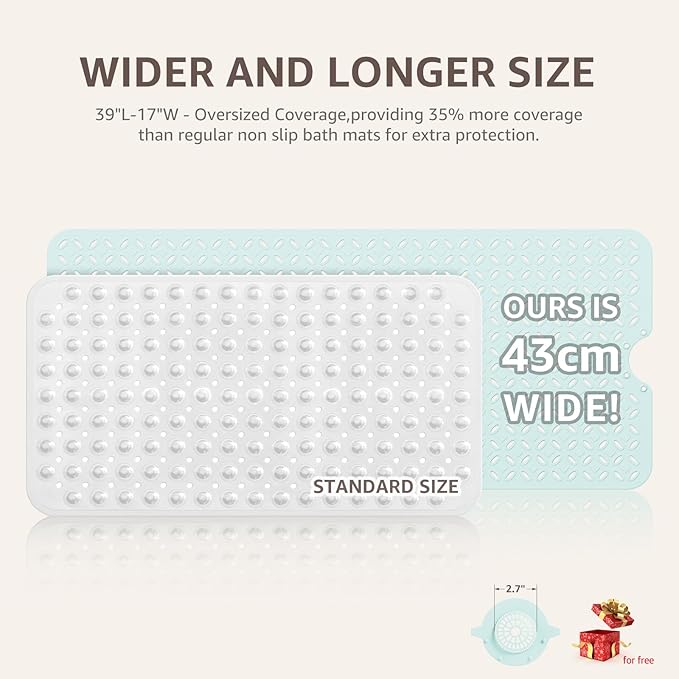 OTHWAY Bath Mat for Tub Non Slip: 39" X 17" Long Bathtub Mat with Hair Catcher│Big Drain Holes Shower Mats for Inside Shower│Machine Washable (Light Blue)