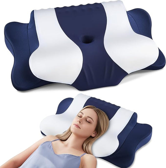 Cervical Neck Pillow for Pain Relief,Cervical Pillow with Memory Foam Ergonomic Pillows with Dual Heights for Back,Stomach and Side Sleepers Kids' Floor Pillows Cushions (Blue, Standard 26"×15")