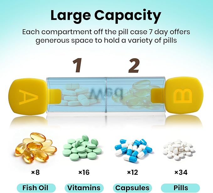 CAidRE Weekly Pill Organizer 2 Times a Day - 7 Day AM PM Pill Box, Large Travel Pill Case & Supplement Container for Daily Medication, Vitamins, Fish Oils, Portable Pill Holder Storage, Translucent