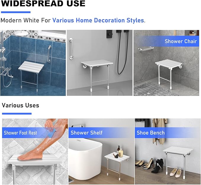 Folding Shower Seat, Wall Mounted Bathroom Safety Stool Chair with Support Legs, Foldable Wall Wood Shower Bench for Seniors (White)