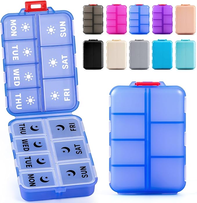 Foldable & Portable Weekly Pill Organizer 2 Times a Day with Clear Printed Labels - 7 Day AM PM Medicine Box, Week Daily Travel Pill Case Holder for Medications, Vitamin, Supplement - Clear Blue