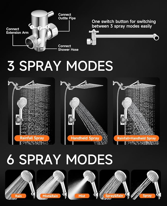 10 inch Rain Shower Head with Handheld Spray Stainless Steel, High Pressure Square Rainfall Showerhead Combo with 6 Handheld Sprayer, Detachable Shower Heads Waterfall Shower for Bathtub