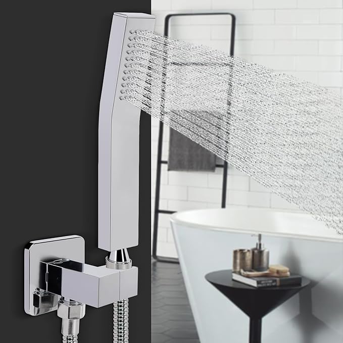 NearMoon Brass Hand Held Shower Head, Luxury High Pressure Shower Kit with Wall Connector and Hose Set, for Bathroom Showering System Contemporary Square Style (Chrome Finish)