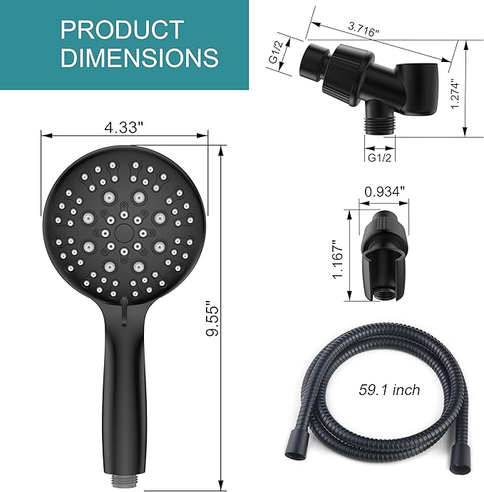 JDO Shower Head with Handheld, 6 Spray Settings High Pressure Hand Held Shower Head, 4.3" High Flow Rain Showerhead Set with Extra Long 59" Stainless Steel Hose and Adjustable Bracket(Matte Black)