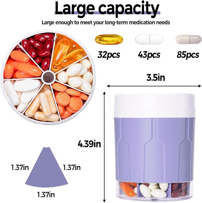 Betife Extra Large Supplement Organizer,Weekly Pill Organizer Bottle, Daily Pill Dispenser with 7 Large Compartments, Organizer to Hold 7 Day Vitamin Medication,21 labels and a cleaning brush (Purple)