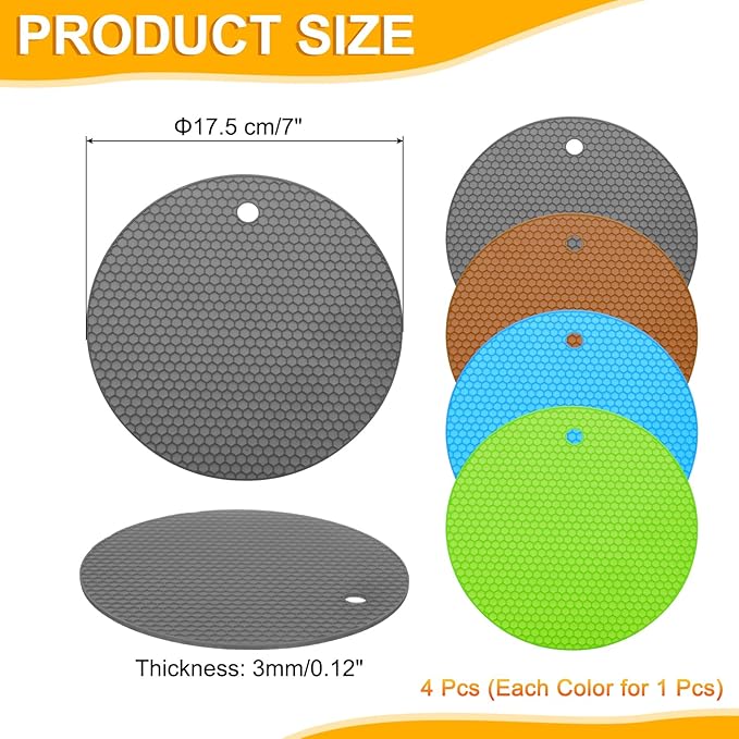 uxcell 4pcs Silicone Jar Opener Pads, 17.5cm/7" Texture Can Opener Multipurpose Round Bottle Lid Opener Non-Slip Coasters for Weak Hands Seniors Children, Brown/Green/Blue/Gray