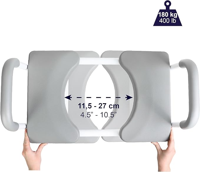 KMINA Raised Toilet Seat with Handles, 400 lbs Toilet Seat Risers for Seniors, Adjustable Height & Width, Comfort PU Foam Seat, Fit Any Toilet, Patented, Made in Europe