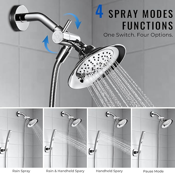 G-Promise All Metal High Flow Shower Diverter Valve with Adjustable Shower Head Holder, Universal 3-Way Splitter with Pause Mode for Handheld and Fixed Spray Head Adapter Replacement (Chrome)