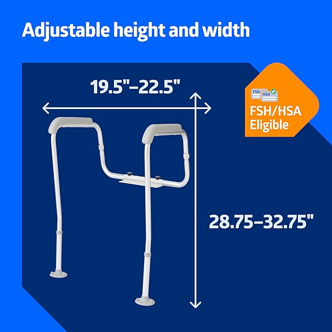 Medline Toilet Safety Rail with Suction Cup Tips, Aluminum Frame, Secure Mount for Toilet Support, Comfortable Armrests, Adjustable Height, Easy to Clean, Bathroom Aid for Adults and Seniors, 1 Count