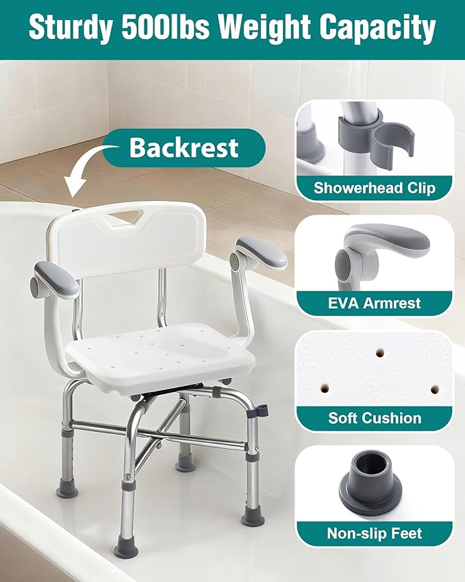 Lamberia Shower Chair for Inside Shower with Arms and Back, 500lbs Heavy Duty 360° Swivel Bathtub Seats, Height Adjustable Safety Bath Seat for Elderly, Adults, Handicap and Disabled(Adjustable Arms)