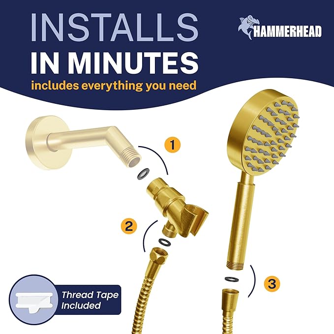 HammerHead Showers® Solid Metal Handheld Shower Head with Hose and Brass Holder - BRUSHED GOLD - 2.5 GPM High Pressure Shower Heads with Adjustable Shower Wand Bracket - 6ft Flexible Extension