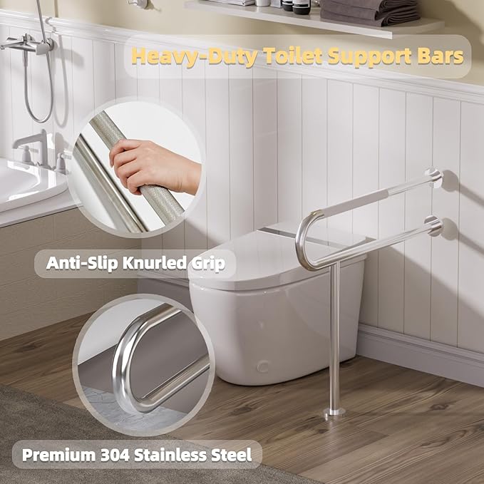 Toilet Grab Bar with Leg, Floor Mounted Knurled Safety Rail, Heavy Duty Brushed Nickel Stainless Steel Support Handle, Bathroom Stand Assist, Non-Slip Mobility Aid for Elderly, Disabled, 31 Inch