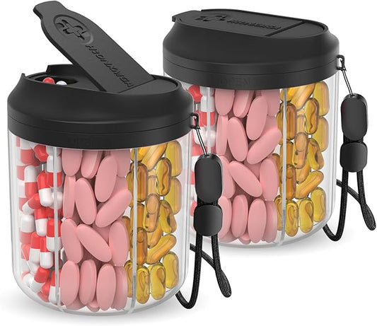 HIONXMGA Pill Dispenser with 7 Large Compartments, 4.4" H x 3.6" Dia Pill Bottle Organizer for Travel,Supplement Organizer with Anti-Mixing Design,BPA-Free Pill Container with 20 Pcs Labels Black 2pcs