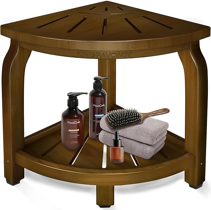 KingPavonini Bamboo Corner Shower Stool for Shaving Legs Foot Rest, Waterproof Bath Bench Seat with Storage Shelf for Bathroom Inside Shower, Hold Up to 450Lbs