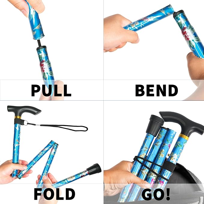 Folding Cane, 5-Level Adjustable Height Lightweight Portable Foldable Walking Canes with Wrist Strap and T Handle for Men Women Seniors