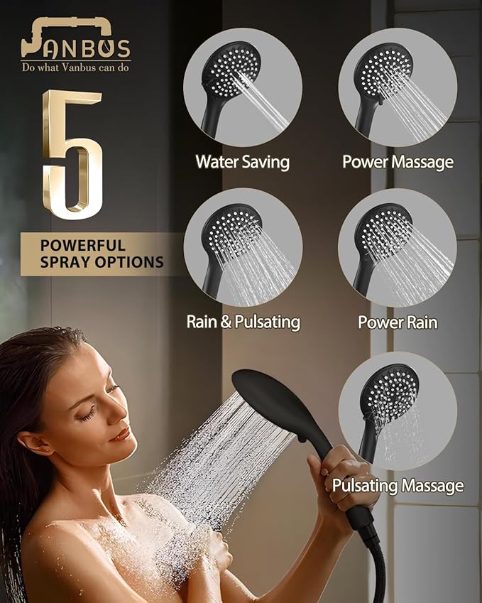 Handheld Shower Head with Adjustable 30-Inch Shower Slide Bar and 59-Inch Hose, 5-Function 3.2GPM High Pressure Handheld Shower Head with Drop Ell and Holder, Matte Black