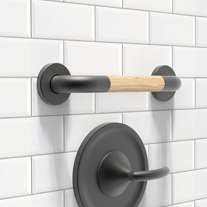 Safety Grab Bar for Bathroom & Toilet, Natural Bamboo Handle, ADA Compliant Balance Assist Handrail for Handicap and Seniors, 12in Matte Black