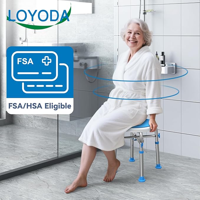 Loyoda FSA/HSA Eligible Swivel Shower Stool with Reinforced Crossing Bar, Height Adjustable Round Shower Chair for Inside Shower, Tool Free Assembly Shower Seats for Adults, 350lbs