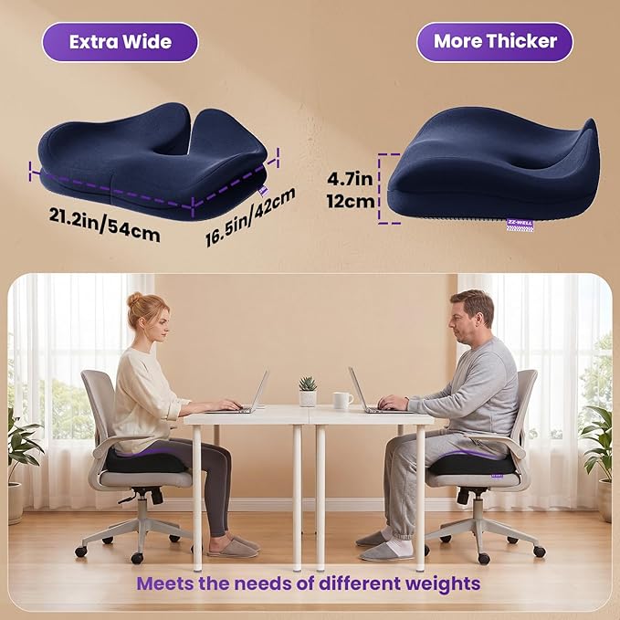ZZ-WELL Seat Cushions for Office Chairs - Ergonomic Tailbone Pain Pressure Relief Seat Cushion - Extra Large & Thick Design Memory Foam Office Chair Cushion, 21.2" W X 16.5" L (Blue)