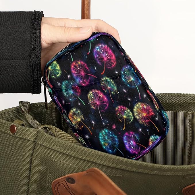 Weekly Travel Pill Organizer Case for Purse with Removable 7 Day Box Portable Compact Size Pill Box Fashionable Pill Container for Medicine Vitamin Supplement Glowing Dandelions Flower