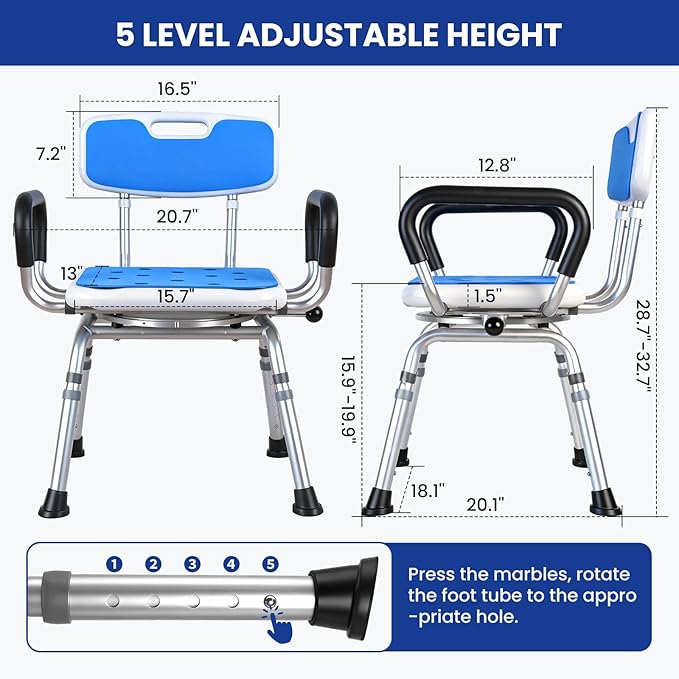 Deluxe Swivel Shower Chair with Arms & Back by CZMY, 360° Locking Seat, 5-Level Height Adjustable, Padded Heavy-Duty Bath Chair, 300 lbs, for Seniors, Elderly, Handicap & Disabled Blue