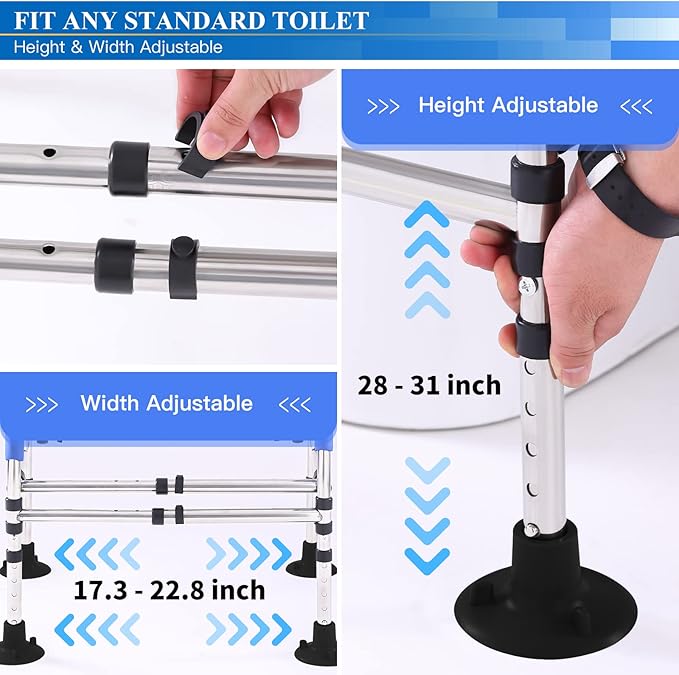 Toilet Safety Rail Frame, Heavy Duty Stand Alone Toilet Rail with Handles for Elderly Handicap, Adjustable Height & Width, Double Crossbar & Suction Cups, 330lbs Capacity, Fits Most Toilets