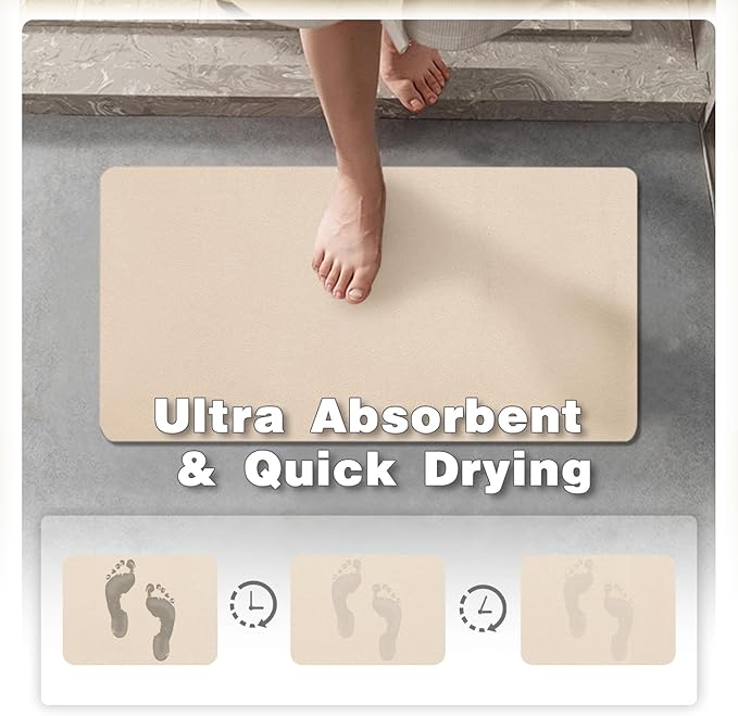 TYUU Bathroom Mat Quick Dry, Bathroom Rugs Non Slip Washable Thin Absorbent Bath Mat Fits Under Door Bathroom Floor Mat Perfect for Bath, Shower, or Sink 24"x70" Beige
