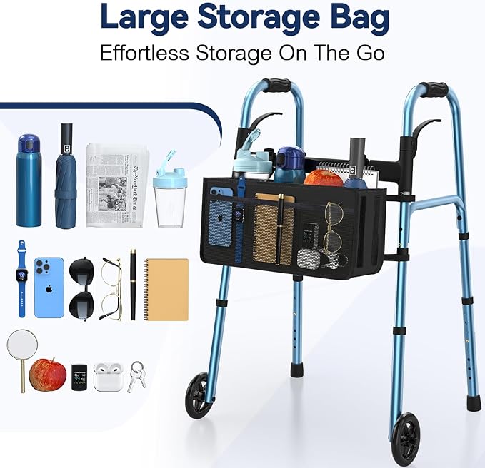 Folding Walker for Seniors, Compact Rolling Walker with Basket and 2 Skis, Lightweight Aluminum Standard Walker Adjustable Height Supporting Up to 350lbs, Blue