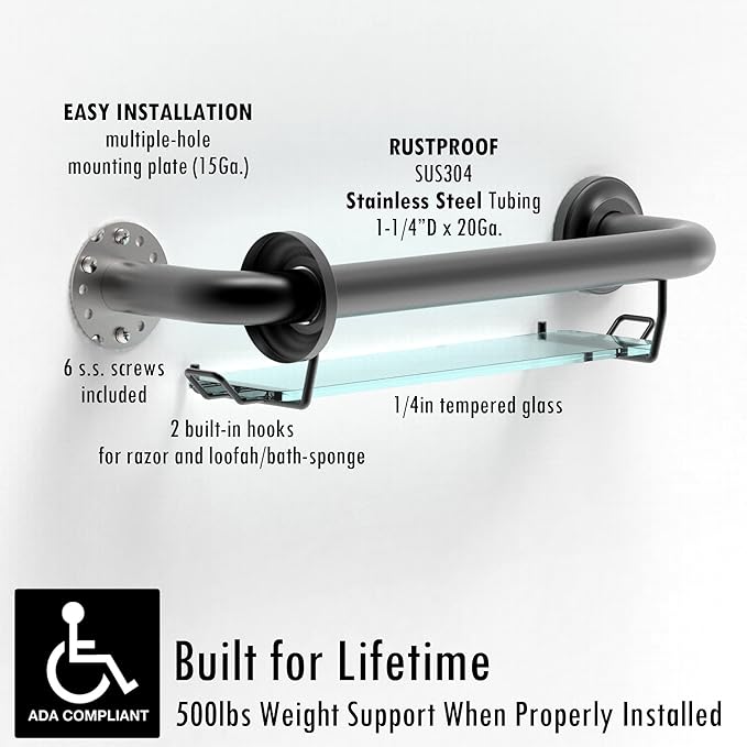 ADA Compliant Grab Bar with Glass Shelf for Shower Wall and Bathtubs, 500lbs Weight Support, 1-1/4 x 16 inch for Stud Mount, Matte Black