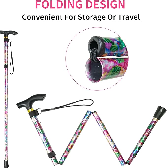 Folding Cane, 5-Level Adjustable Height Lightweight Portable Foldable Walking Canes with Wrist Strap and T Handle for Men Women Seniors