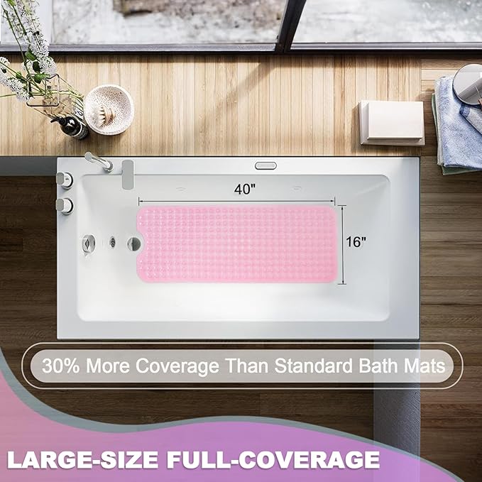 Linoows Bathtub and Shower Mats, 40x16 Inch Extra Large Non Slip Soft Bath Tub Mat with Suction Cups and Drain Holes for Bathroom Floor and Keep Tubs Clean, Machine Washable, Clear Pink