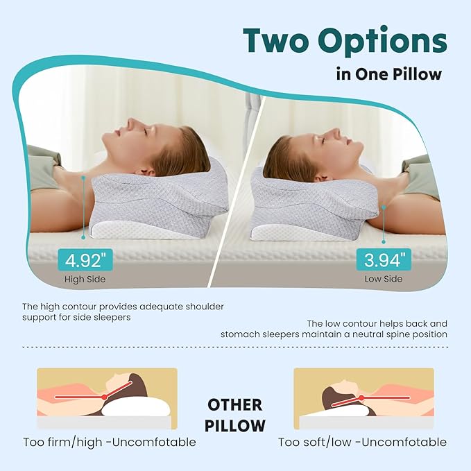 DUMOS Cervical Neck Pillow for Sleeping, Cooling Ergonomic Memory Foam Pillow with Arm Rest Slot and Ice Silk Pillowcase, Dual Height Orthopedic Support Contour for Side, Back, Stomach Sleepers
