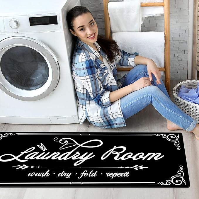 Laundry Room Rug Runner, 17.7"x45" Non Slip Black Laundry Rugs, Farmhouse Washable Floor Laundry Mats for Laundry Room, Mudroom, Kitchen, Washroom, Bathroom, Hallway Entryway Area Rugs Decor