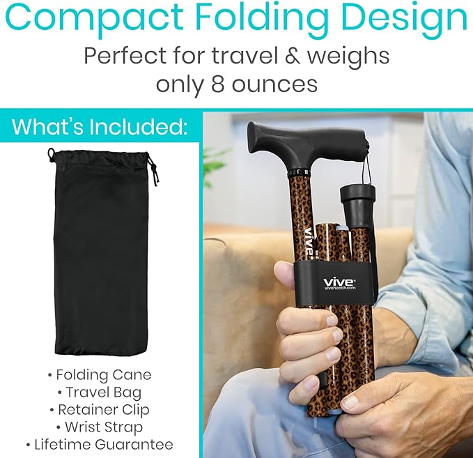 Vive Folding Cane - Foldable Walking Cane for Men, Women - Fold-up, Collapsible, Lightweight, Adjustable, Portable Hand Walking Stick - Balancing Mobility Aid - Sleek, Comfortable