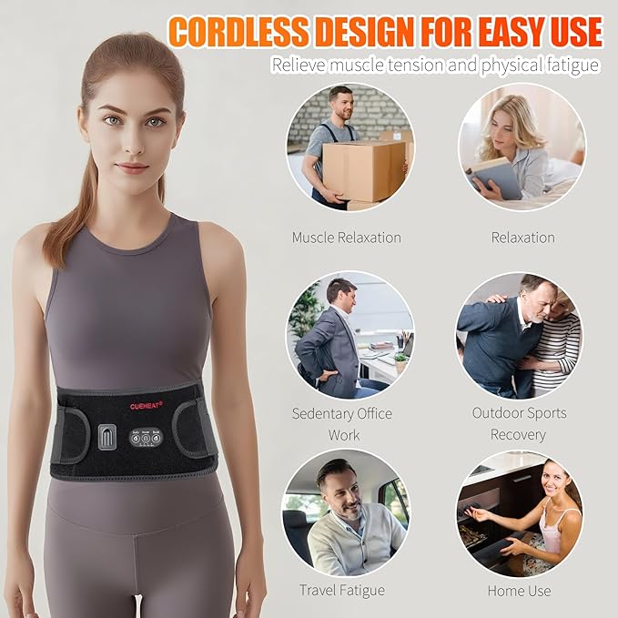 CUEHEAT Heated Waist Belt - Cordless Heating Pad for Low Back,FSA Eligible HSA, Electrical Heating and Massage, Rechargeable Battery Powered (Black Upgraded, 49 inches)
