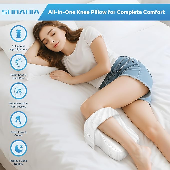 Ergonomic Knee Pillow with Adjustable Strap, Memory Foam Leg Spacer for Side Sleepers, Comfortable Bed Cushion, White