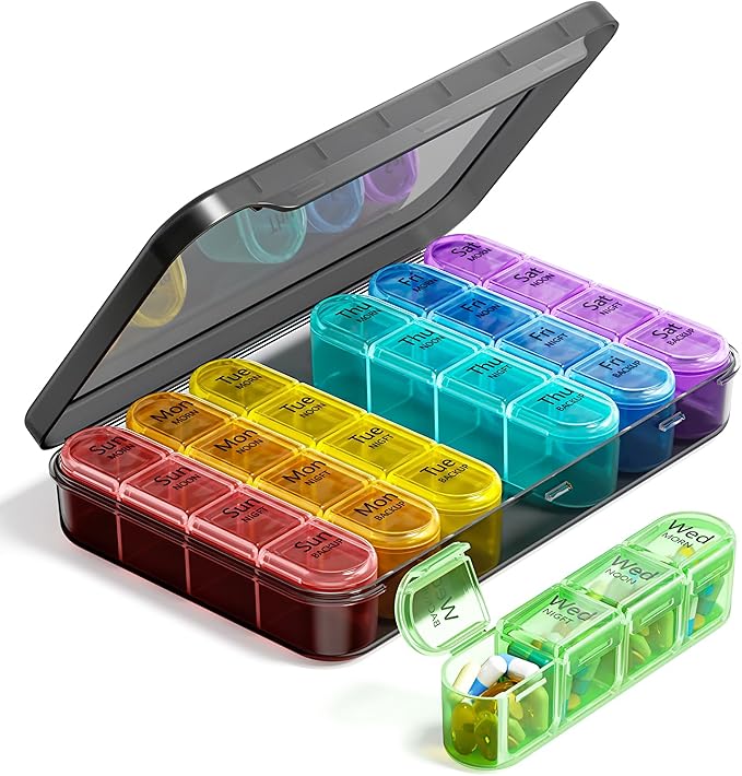 Odaro Weekly Pill Organizer 4 Times a Day, BPA Free Daily Pill Box 7 Day, Large Travel Pill Case with 28 Compartment to Hold Medicine, Vitamin and Supplement