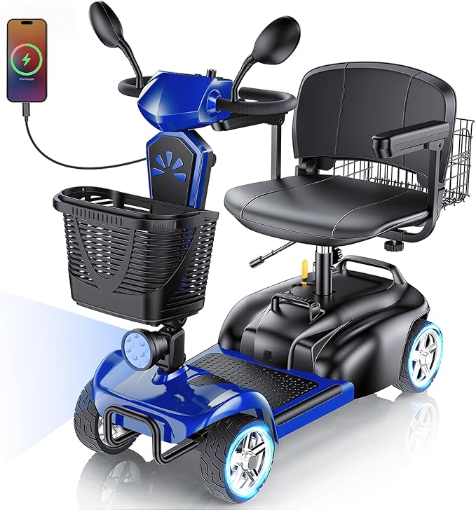 15/25/30/50Miles Eldryvon 4 Wheels Electric Mobility Scooter for Seniors, Dual Basket, 350W Powered Wheelchair with Rotating Seat, Mirrors, Foldable Motorized Scooter for Adults (Blue, 30Miles)