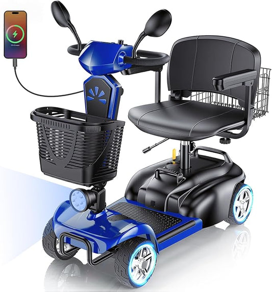 15/25/30/50Miles Eldryvon 4 Wheels Electric Mobility Scooter for Seniors, Dual Basket, 350W Powered Wheelchair with Rotating Seat, Mirrors, Foldable Motorized Scooter for Adults (Blue, 30Miles)