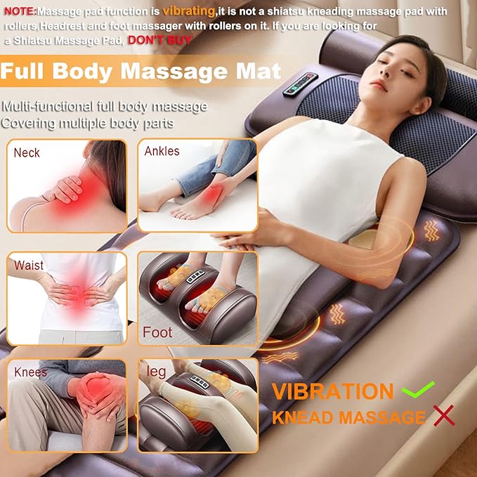 Vibration Massage Mat,Full Body Vibrating Heating Massage Pad,10 Vibration Motors,3 Strength Adjustments, with Detachable Neck Massage Headrest and Multifunctional Leg,Foot Massagers,for Home Office