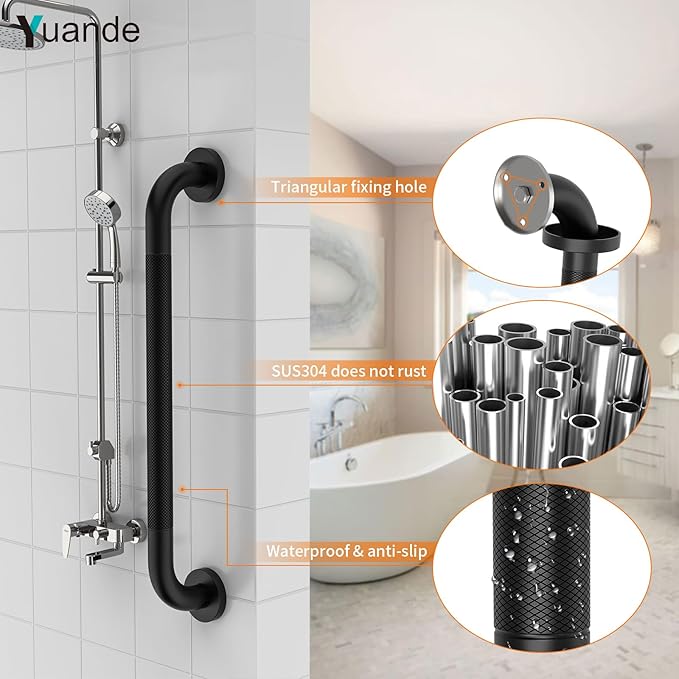 4 Pack 24 Inch Shower Grab Bar, YuanDe Matte Black Bathroom Grab Bar Handle w/Anti-Slip Knurled Grip, Stainless Steel Bath Balance Bar, 1.25" Diameter Safety Hand Rail Support,Handicap Injury Elderly