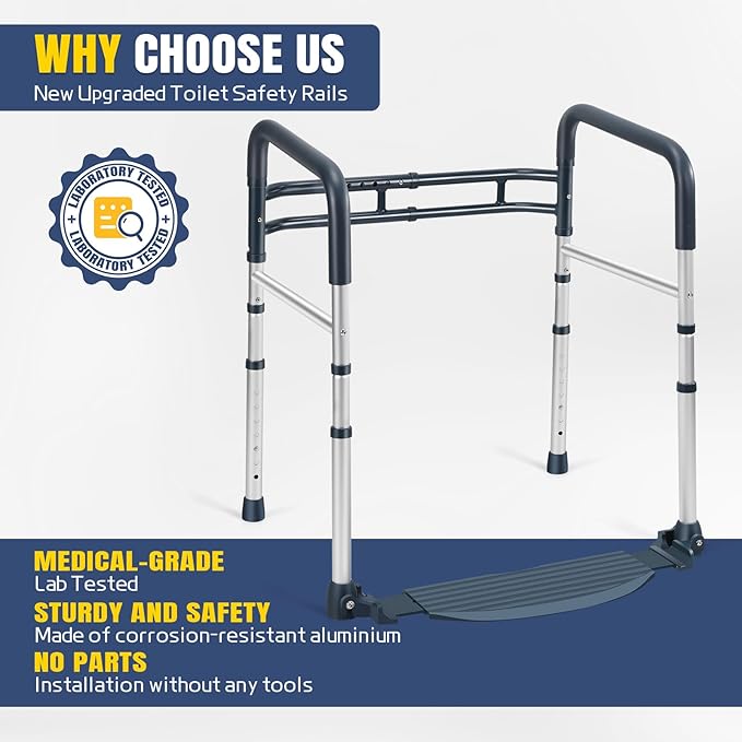 Lianjindun Toilet Safety Rails with Footrest, Folding & Portable Bathroom Toilet Handles for Elderly, Seniors, Handicap & Disabled, Adjustable Toilet Safety Frame Fit Any Toilets (350 LB)