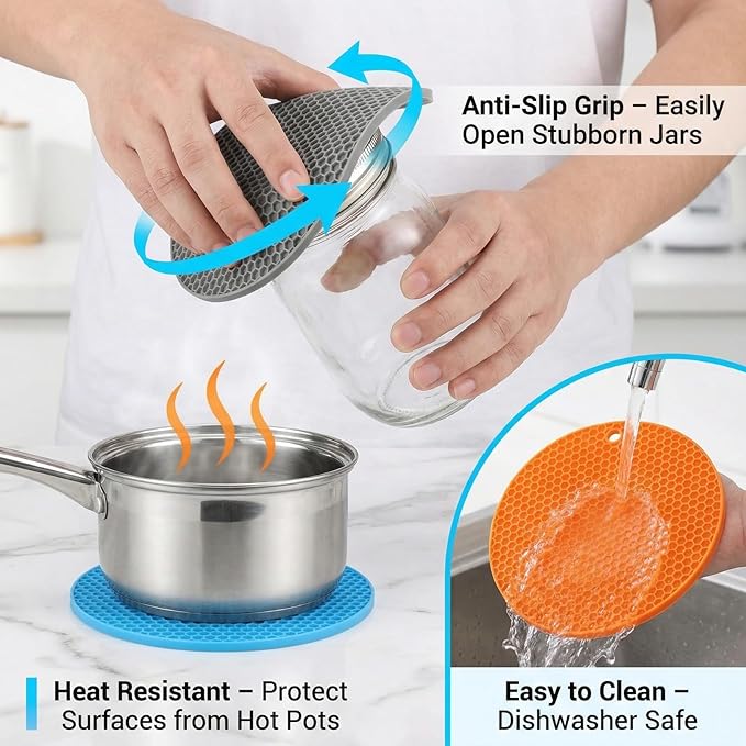 Set of 4 Multifunctional Silicone Grippers, Gray Purple Blue Orange Jar Openers and Trivet Mats, Non-Slip Lid Opener for Weak Hands, Heat Resistant Hot Pads for Kitchen (17.5cm Round)